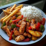 Spicy Black Pepper Chicken Stir-Fry with Rice & Fried Potatoes