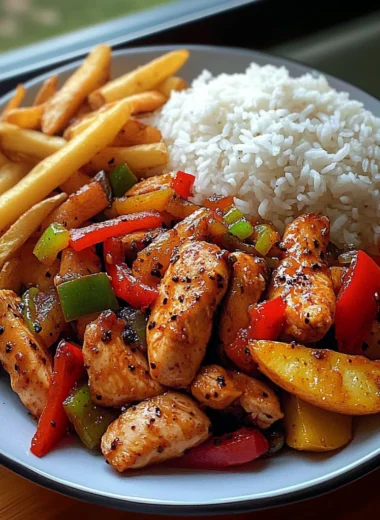 Spicy Black Pepper Chicken Stir-Fry with Rice & Fried Potatoes