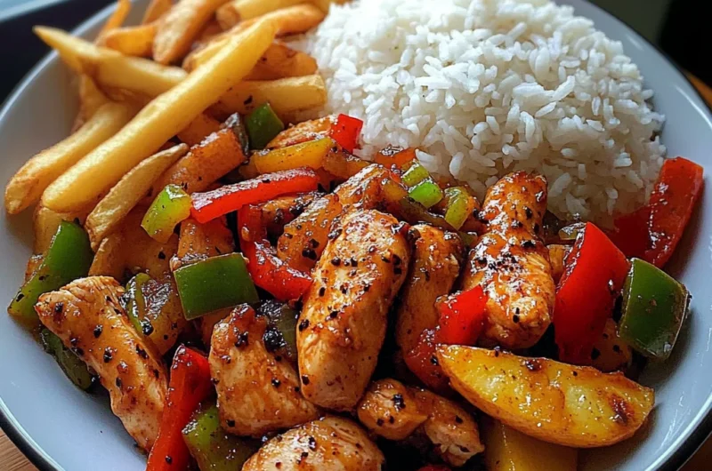 Spicy Black Pepper Chicken Stir-Fry with Rice & Fried Potatoes