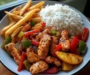 Spicy Black Pepper Chicken Stir-Fry with Rice & Fried Potatoes