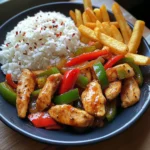 Spicy Chicken Stir-Fry with Bell Peppers, Rice & Golden Fries