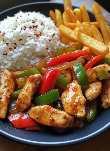 Spicy Chicken Stir-Fry with Bell Peppers, Rice & Golden Fries