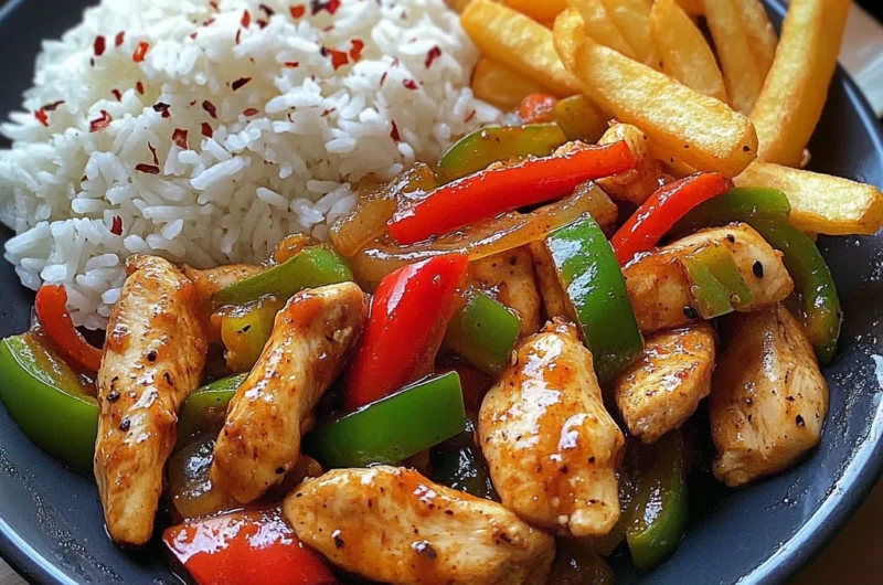 Spicy Chicken Stir-Fry with Bell Peppers, Rice & Golden Fries