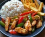 Spicy Chicken Stir-Fry with Bell Peppers, Rice & Golden Fries