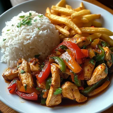 Spicy Chicken Stir-Fry with Peppers, Fries & Steamed Rice