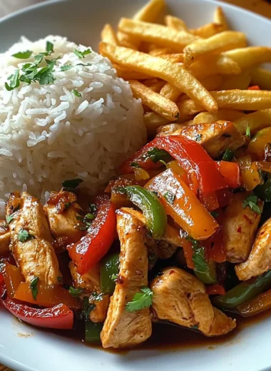 Spicy Chicken Stir-Fry with Peppers, Fries & Steamed Rice