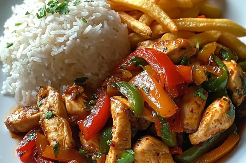 Spicy Chicken Stir-Fry with Peppers, Fries & Steamed Rice