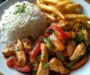 Spicy Chicken Stir-Fry with Peppers, Fries & Steamed Rice