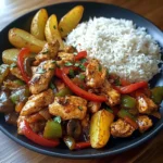 Spicy Chicken Stir-Fry with Peppers, Potato Wedges & Rice