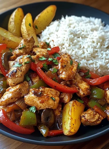 Spicy Chicken Stir-Fry with Peppers, Potato Wedges & Rice