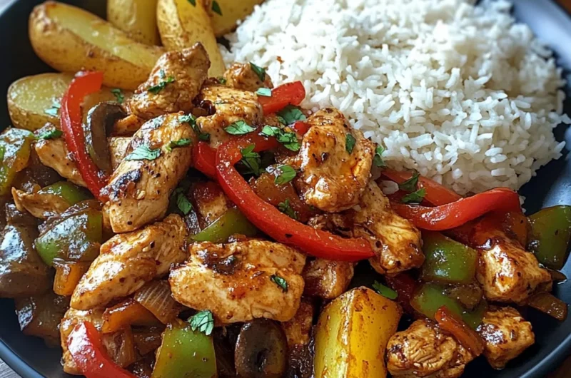 Spicy Chicken Stir-Fry with Peppers, Potato Wedges & Rice