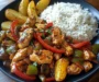 Spicy Chicken Stir-Fry with Peppers, Potato Wedges & Rice
