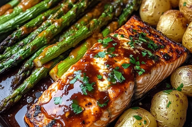 Ultimate BBQ Glazed Salmon with Cheesy Asparagus & Roasted Baby Potatoes