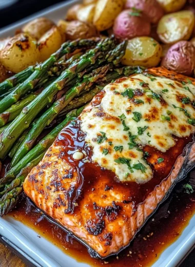 Ultimate BBQ Glazed Salmon with Cheesy Asparagus & Roasted Baby Potatoes