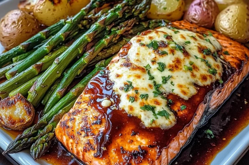 Ultimate BBQ Glazed Salmon with Cheesy Asparagus & Roasted Baby Potatoes