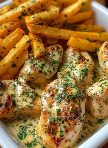 Ultimate Creamy Herb Chicken Bites with Garlic Fries