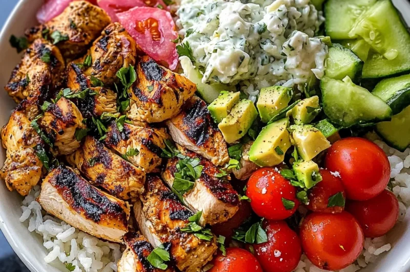 Ultimate Mediterranean Chicken Rice Bowl with Tzatziki & Feta