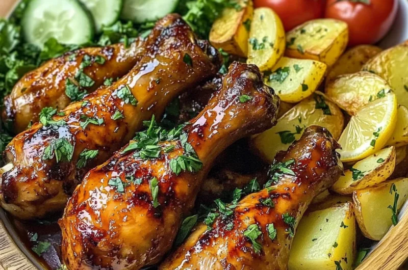 Ultimate Sticky Garlic Chicken Drumsticks & Crispy Potato Wedges