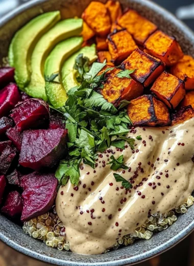 Vibrant Harvest Buddha Bowl with Roasted Roots, Avocado & Silky Tahini