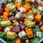 Vibrant Roasted Vegetable & Spinach Salad with Avocado, Feta & Toasted Macadamias