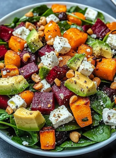 Vibrant Roasted Vegetable & Spinach Salad with Avocado, Feta & Toasted Macadamias