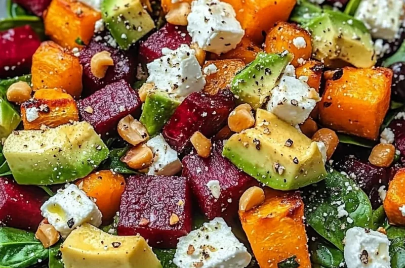 Vibrant Roasted Vegetable & Spinach Salad with Avocado, Feta & Toasted Macadamias