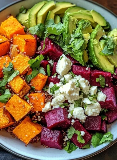 Vibrant Sweet Potato & Beet Quinoa Salad with Creamy Avocado Lime Dressing