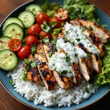 Grilled Chicken with Herbed Yogurt Sauce, Rice & Cucumber-Tomato Salad