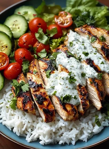 Grilled Chicken with Herbed Yogurt Sauce, Rice & Cucumber-Tomato Salad