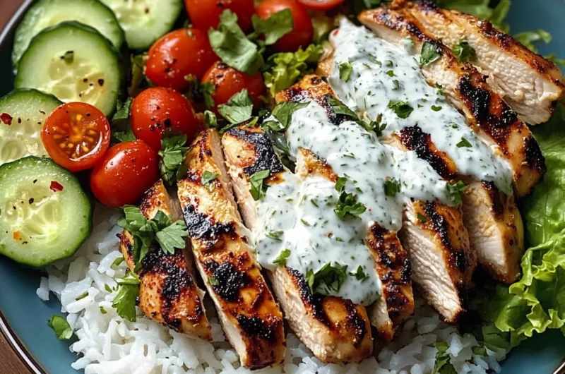Grilled Chicken with Herbed Yogurt Sauce, Rice & Cucumber-Tomato Salad
