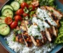 Grilled Chicken with Herbed Yogurt Sauce, Rice & Cucumber-Tomato Salad